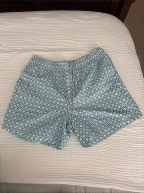 Nordstrom Teal and White Geometric Floral Swim Trunks